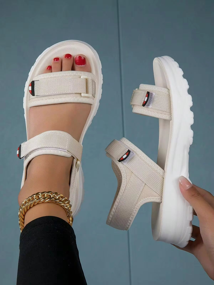 Women Hook-And-Loop Fastener Sports Sandals, Sporty Beige Fabric Sport Sandals,Spring Summer Outfits