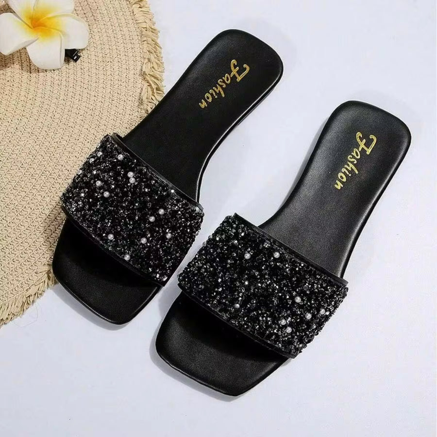 Casual Women's PU Leather Rhinestone Glitter Slippers Outdoor Open Toe Slippers Flat Sandals