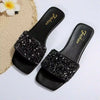 Casual Women's PU Leather Rhinestone Glitter Slippers Outdoor Open Toe Slippers Flat Sandals