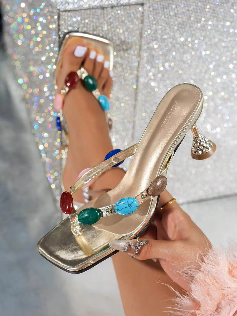 Fashionable High Heel Shoes New Colorful Gemstone Design Flip Flop Women's Shoes Summer Party Wedding Banquet Gold High Heel Sandals For Women
