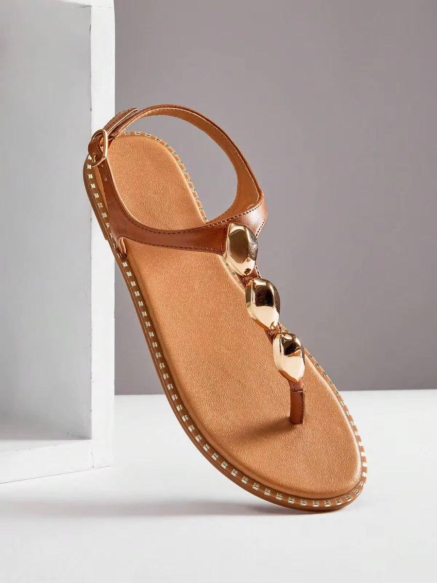 SHUZIA Women's Comfortable Metal Chain Decor T Strap Flat Sandals