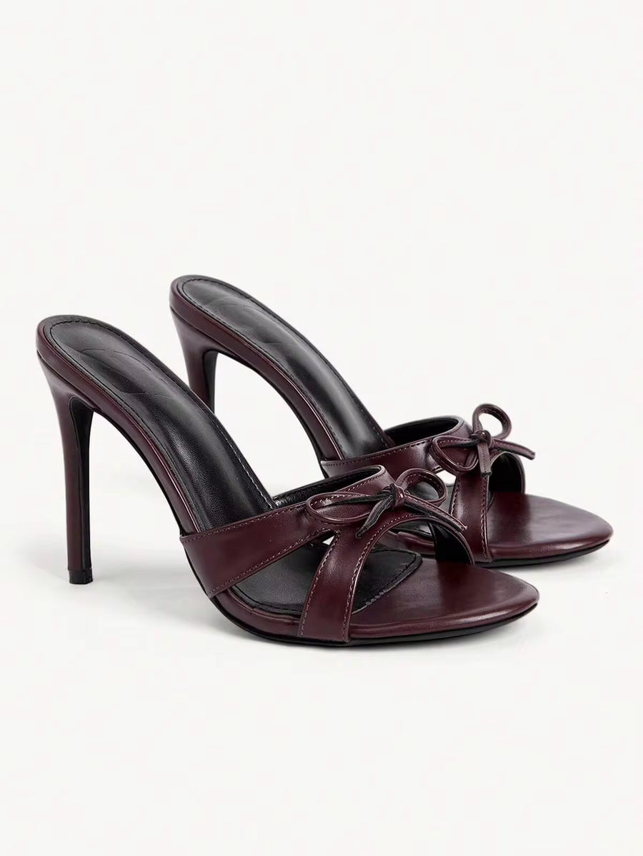 CUCCOO CHICEST Sexy Fashion Bow Decoration Round Toe Stiletto Casual Versatile Mules Style Burgundy Women's High Heel Sandals